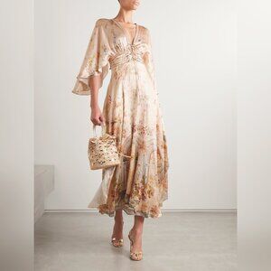 CAMILLA Lace-up crystal-embellished printed silk-satin midi dress